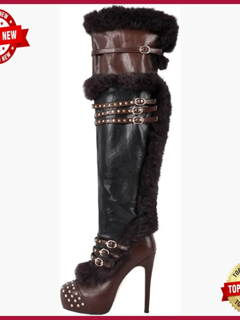 Platform Thigh High Boots Studded Faux Fur Buckles Stilettos High Heels